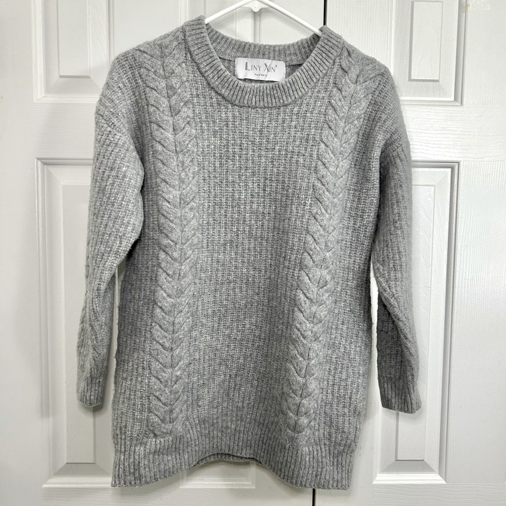 Liny Xin Superfine Merino Wool Silver Grey Cable Kn Crew Neck Sweater Size M